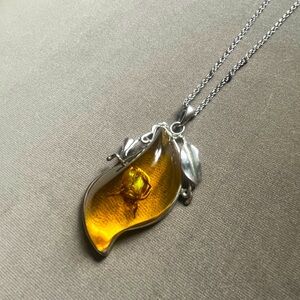 Amber necklace with chain, silver